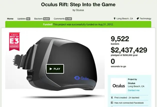 Protótipo da Oculus foi desenvolvido a partir de crowdfunding. Kickstarter/Reprodução.