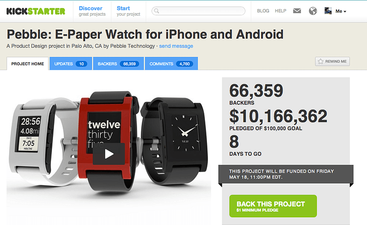 Conceito de smartwatch da Pebble foi testado em plataforma de crowdfunding. Kickstarter/Reprodução.
