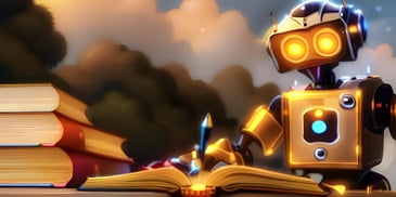 Robô escreve com lápis em livros – Imagem gerada por IA. Conceito de singularidade e inteligência artificial.