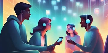 Ilustração de quatro jovens conversando no ciberespaço. Imagem gerada por inteligência artificial.