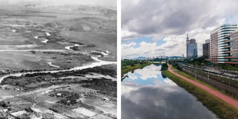 Rio Pinheiros em 1929 e em 2010. Domínio Público
