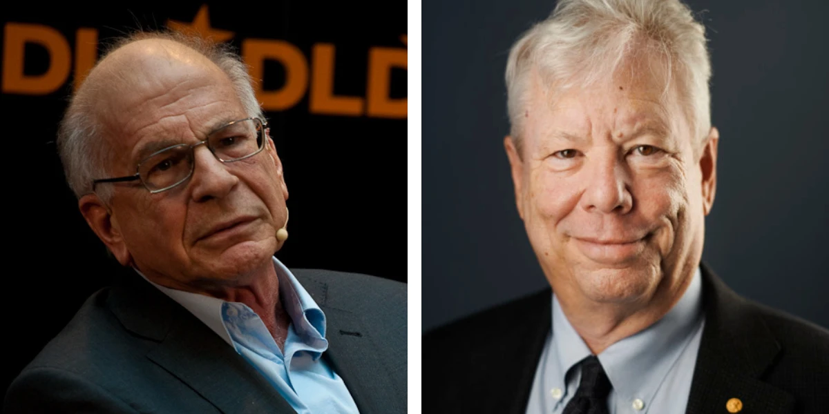 Os pais das finanças comportamentais e ganhadores do Nobel de Economia Daniel Kahneman e Richard Thaler. Créditos: NRKbeta/Wikimedia Commons CC 2.0; A. Mahmoud/Nobel Media AB.
