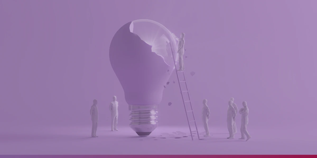 O que é Open Innovation. Descrição da imagem: ilustração de homens escalando uma lâmpada.