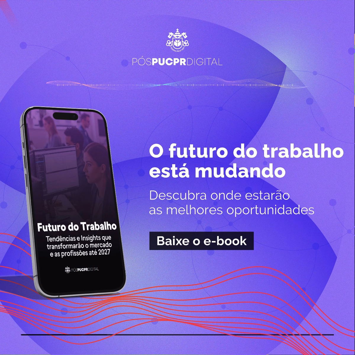 Banner roxo promocional em português sobre o futuro do trabalho, com celular e chamada “Baixe o e-book”.