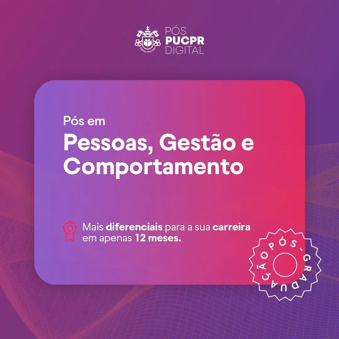 A purple and pink advertisement for pessoas , gestão e comportamento