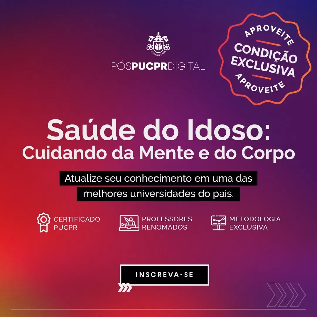 A poster that says ' saúde do idoso : cuidando da mente e do corpo ' on it