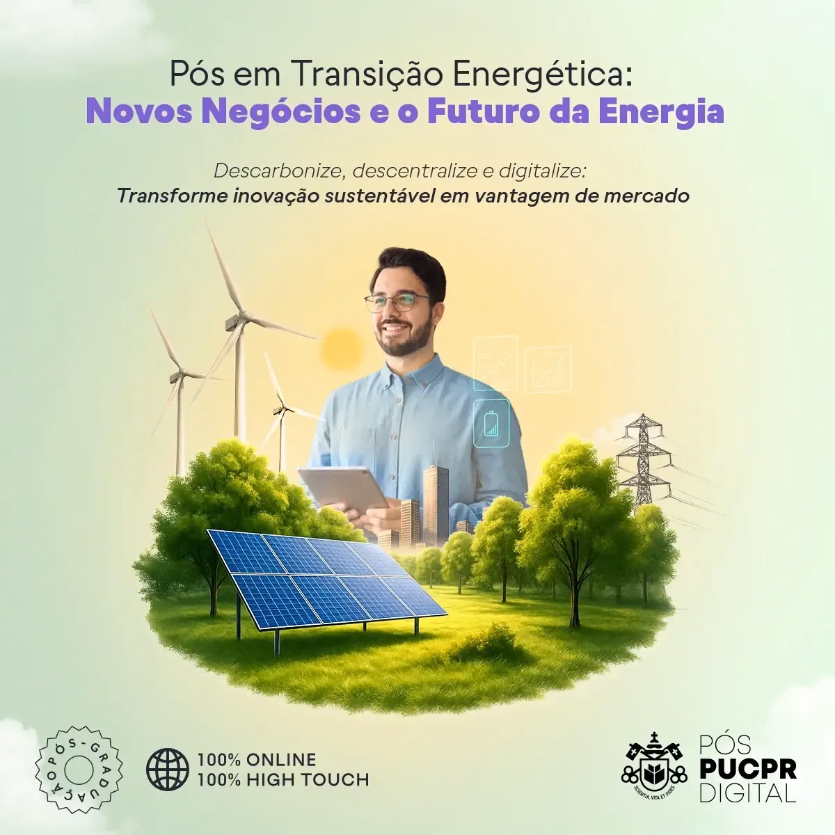 Advertisement for a post-graduate program in energy transition featuring a man, solar panels, wind turbines, and text.