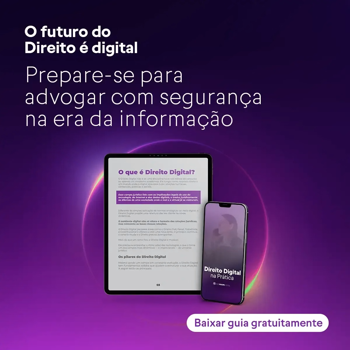 Advertisement: Digital law guide. Tablet and phone with guide, purple background, text in white.
