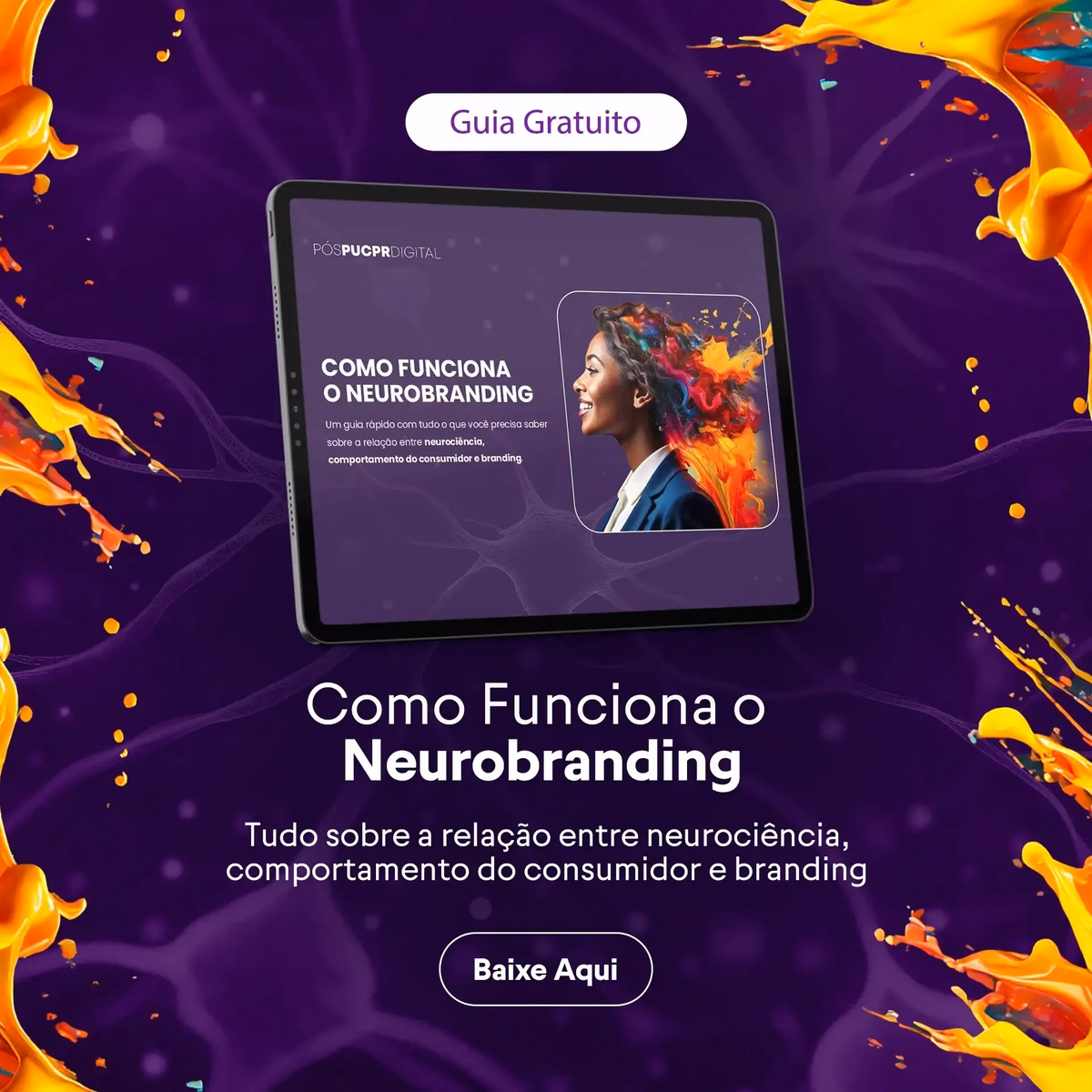 Um tablet com fundo roxo que diz como funciona o neurobranding