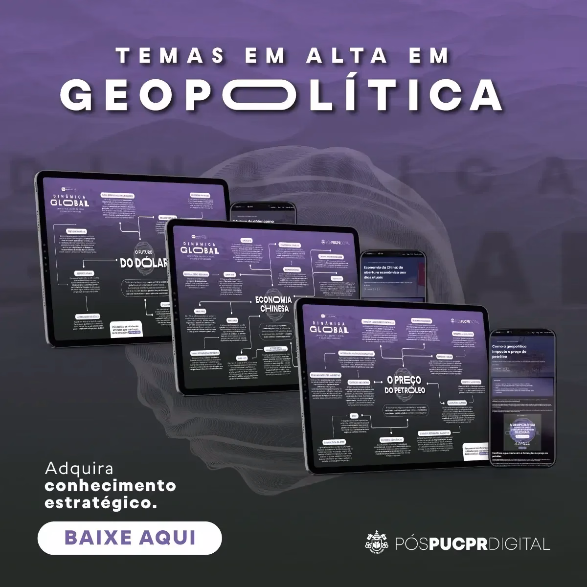 Banner roxo de curso sobre geopolítica, com dispositivos exibindo a plataforma e botão “Baixe aqui”