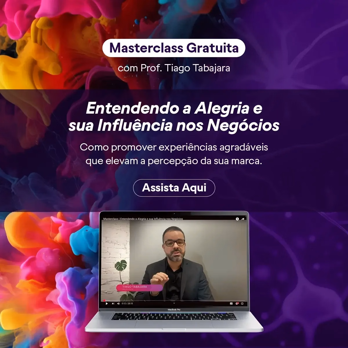 Promotional graphic for a free masterclass. Shows a laptop with a man, multicolored background, and text about joy in business.