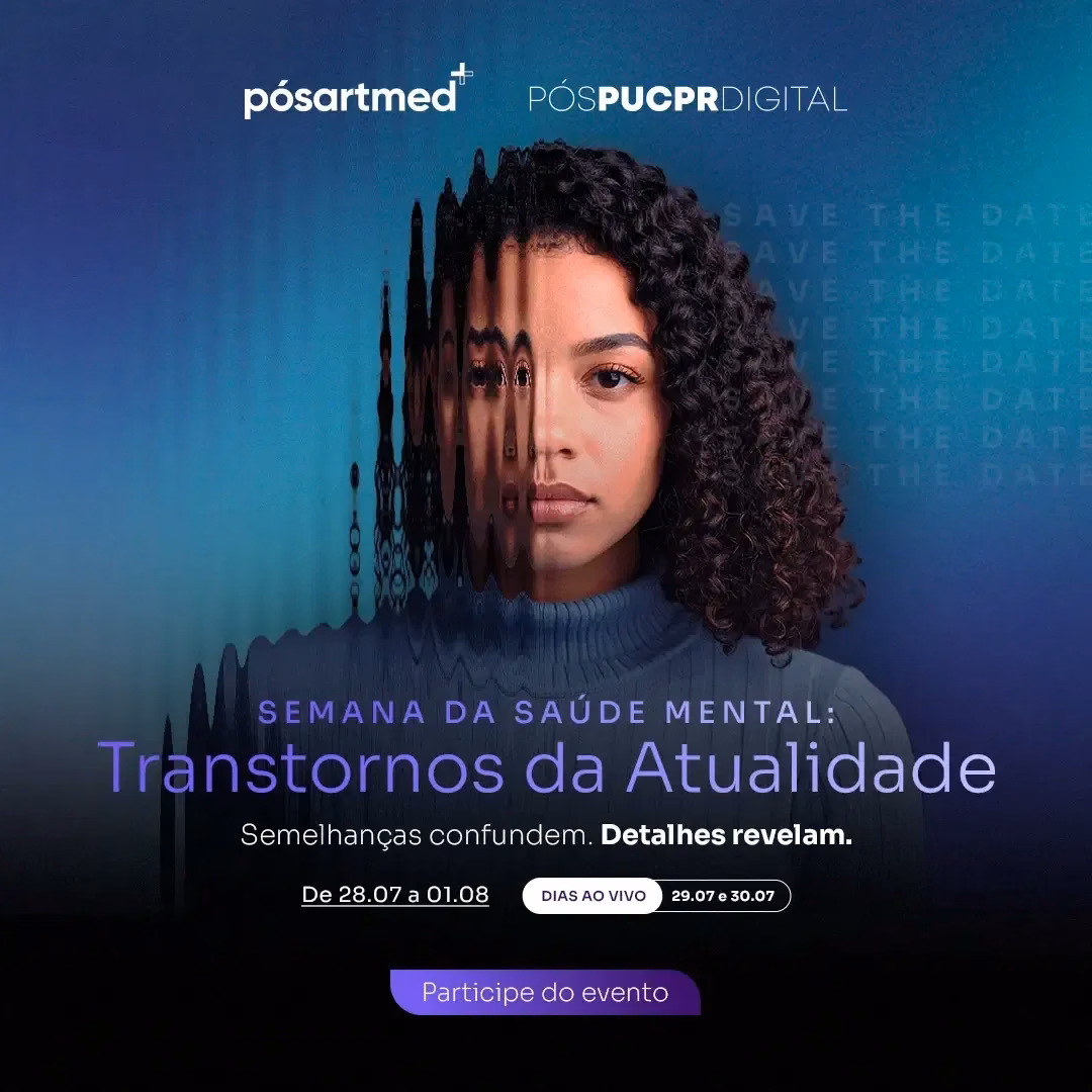 A woman with curly hair is on a poster for semana da saúde mental
