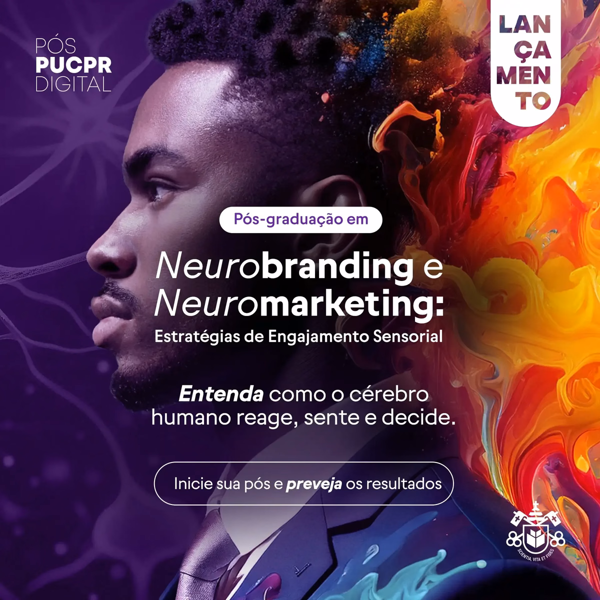 Um pôster com um homem de terno e gravata intitulado neurobranding e neuromarketing