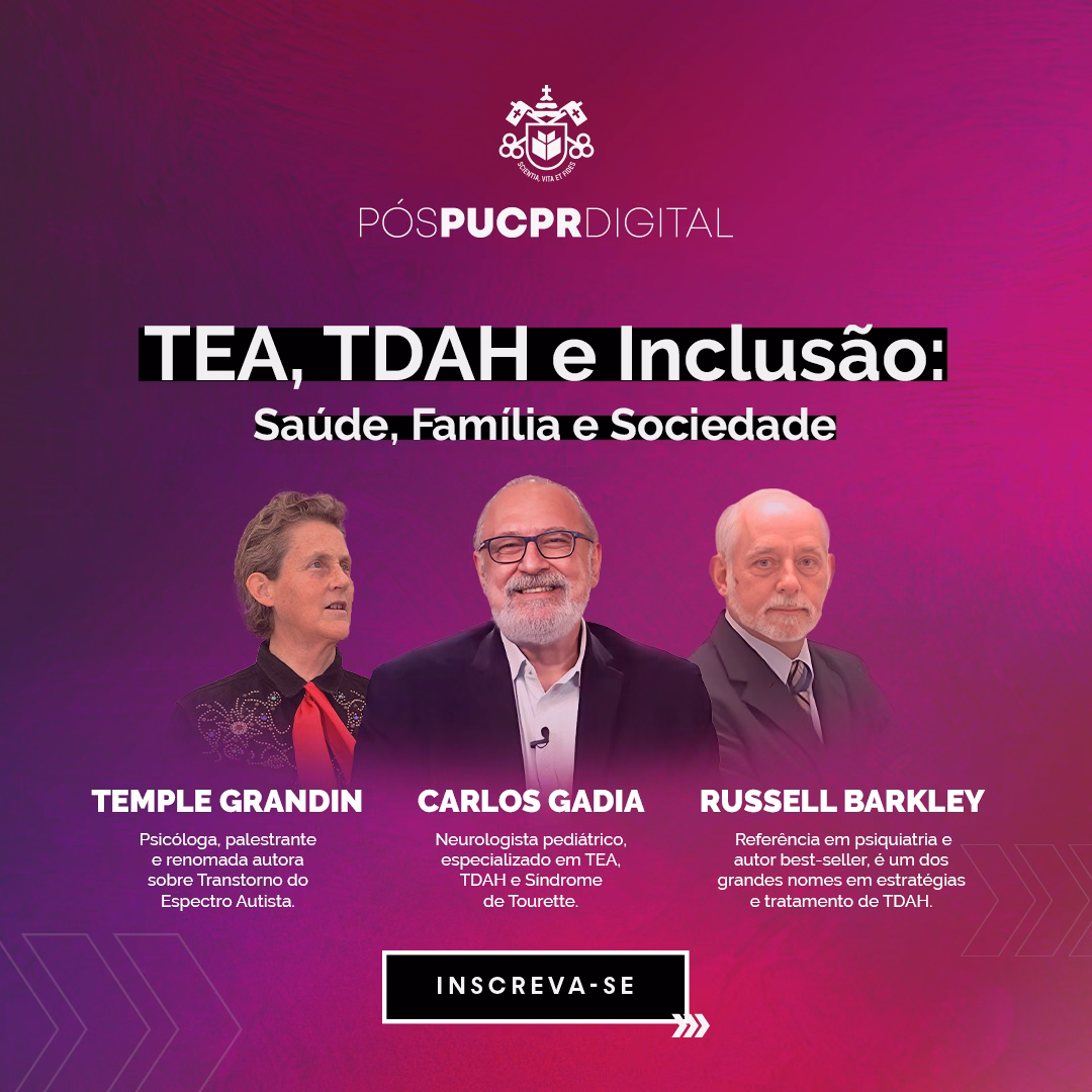 A purple poster with three people and the words tea tdah e inclusao