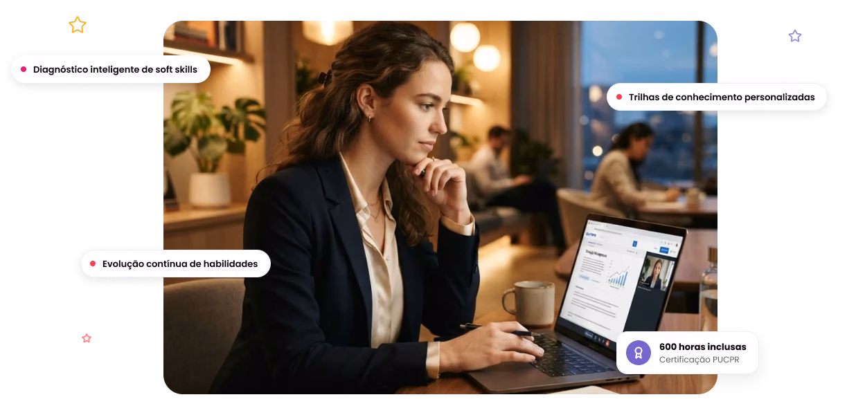 Aluna estudando no notebook, com os destaques do Universo Expandido: diagnóstico de soft skills, trilhas personalizadas, evolução contínua e 600 horas inclusas com certificação PUCPR